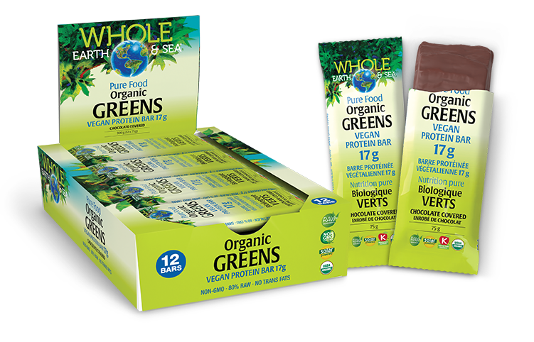 Natural Factors   Organic Greens Vegan Protein Bar 17 g, Whole Earth & Sea   12 x 75g bars