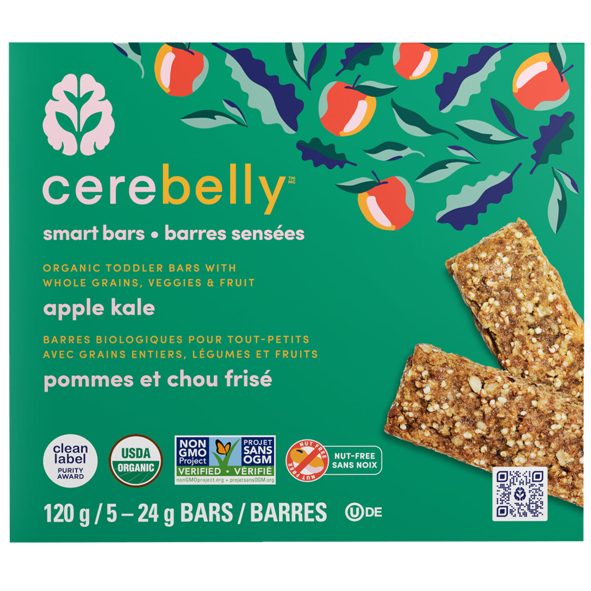 Cerebelly    Cerebelly Smart Bars    Flavour: Apple Kale 
Container Size: 24 g    Case of 30 (6 Packs of 5)
