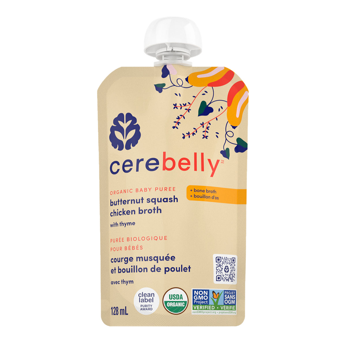 Cerebelly    Cerebelly Purees    Flavour: Butternut Squash Chicken Broth 
Container Size: 128 mL    Case of 12 (2 Packs of 6)