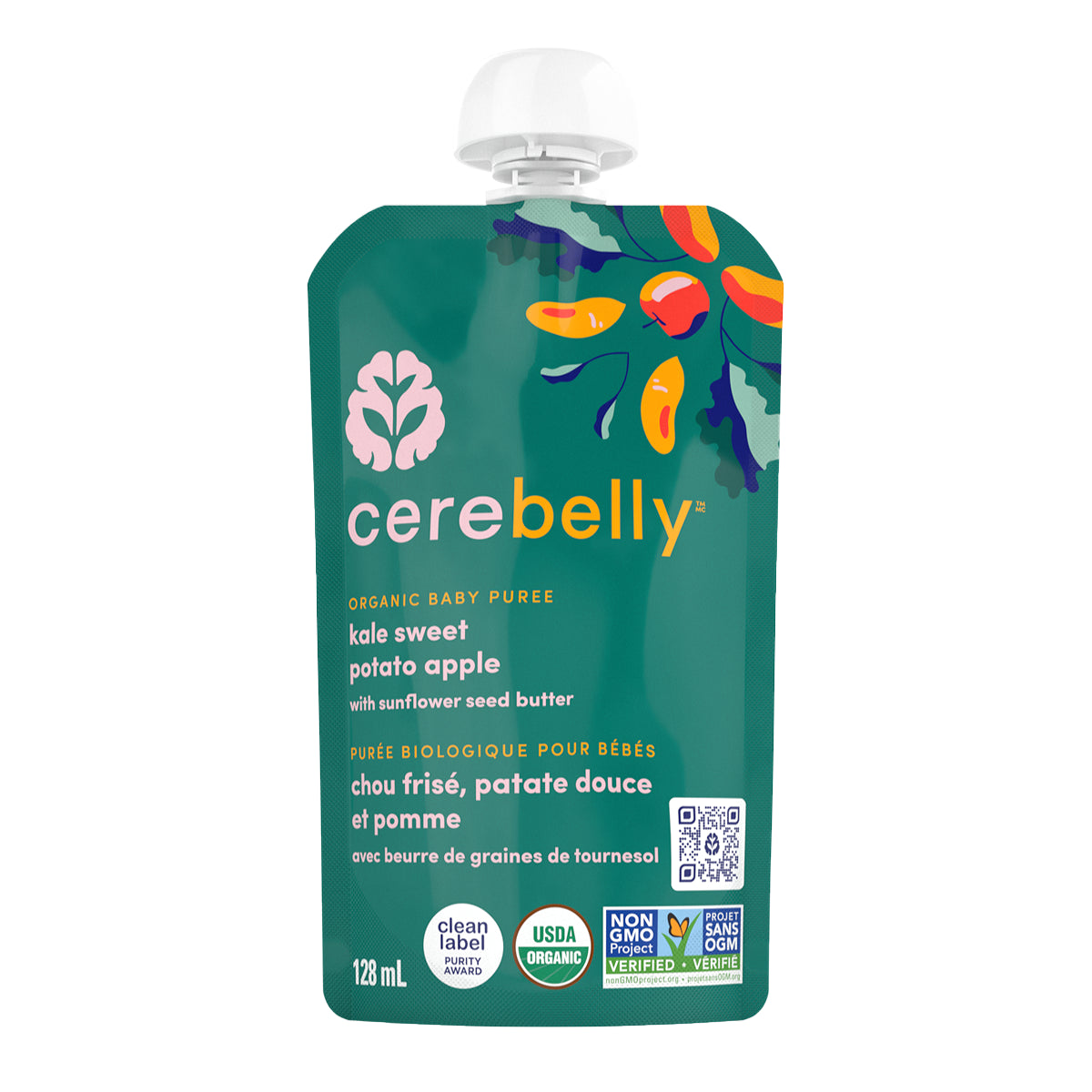 Cerebelly    Cerebelly Purees    Flavour: Kale Sweet Potato Apple 
Container Size: 128 mL    Case of 12 (2 Packs of 6)