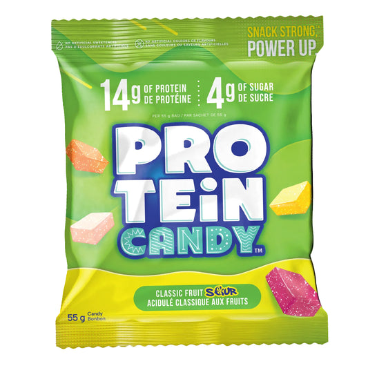 Protein Candy    Protein Candy    Flavour: Sour Classic Fruit 
Container Size: 55 g    Pack of 12