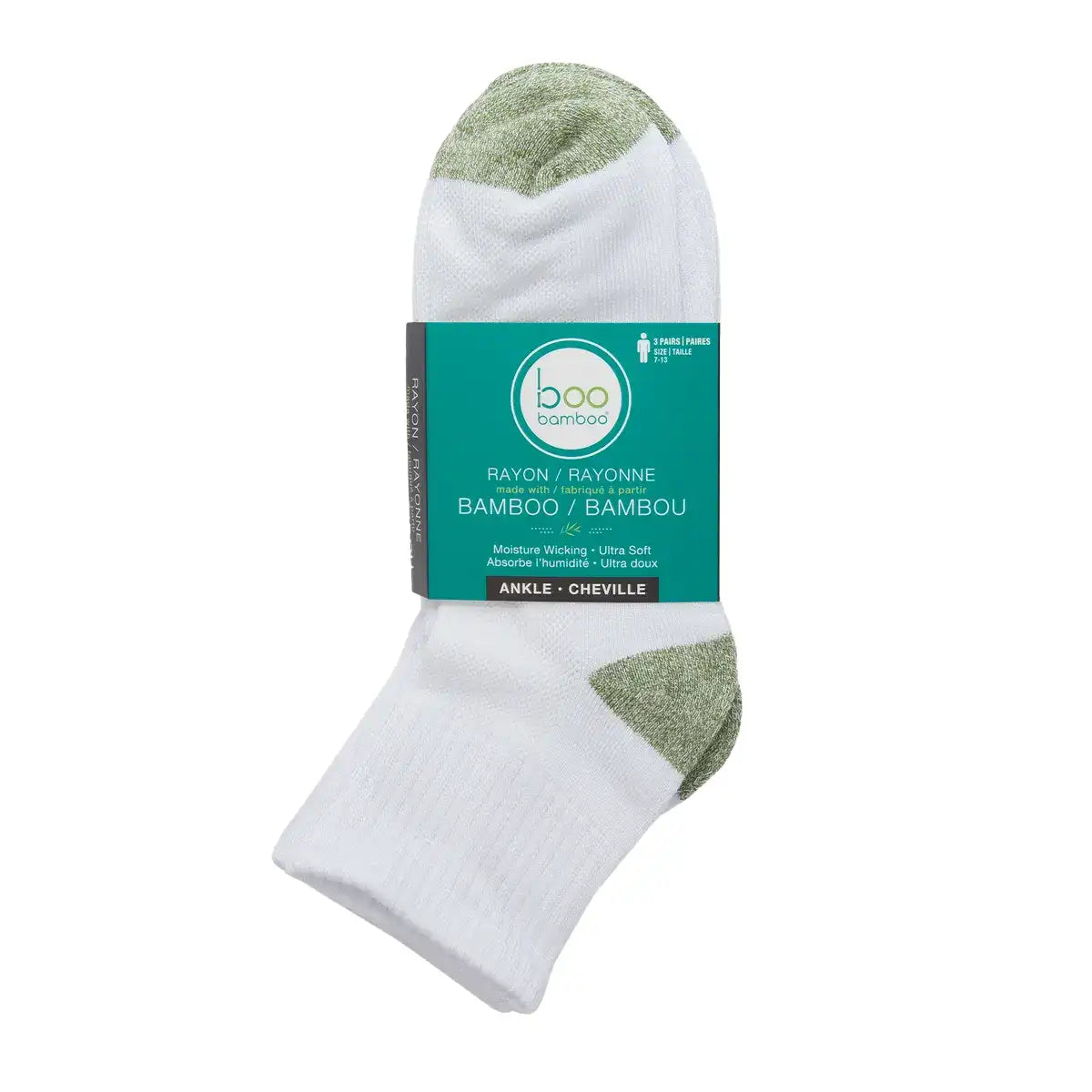 Boo Bamboo - Men Ankle Socks White & Green 7-13 - 3pk
