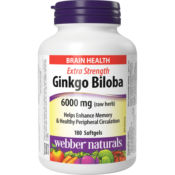 Webber Naturals - Extra Strength Ginkgo Biloba 6000 mg (raw herb) - 180 Softgels