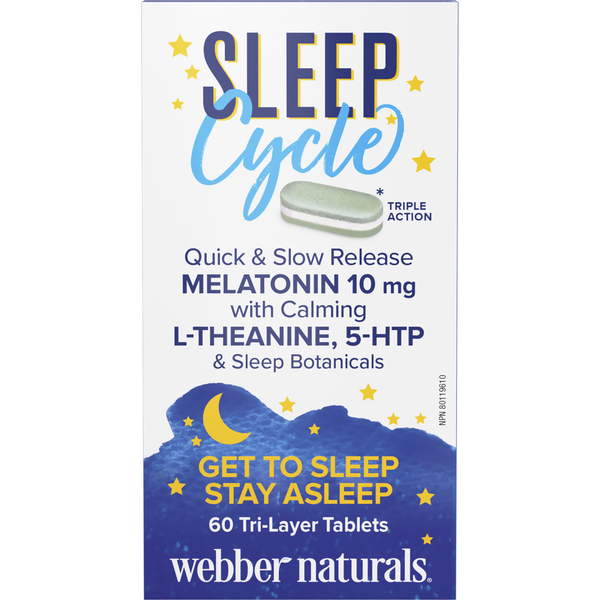 Webber Naturals - Sleep Cycle Melatonin with L-Theanine, 5-HTP &
Sleep Botanicals - 60 Tri-Layer Tablets