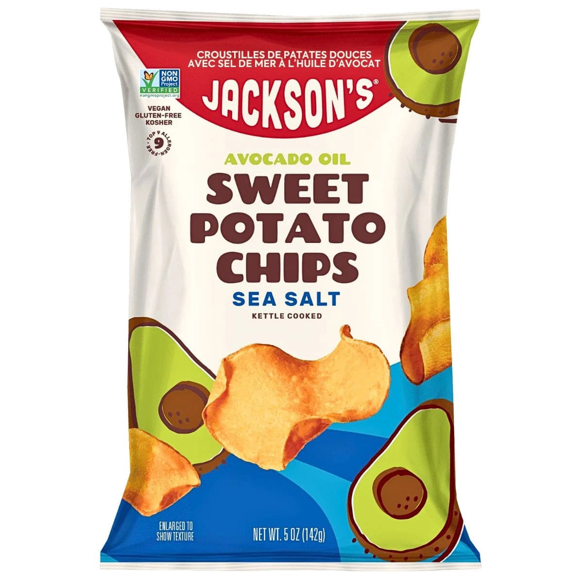 Jackson's Chips    Jackson's Sweet Potato Chips    Flavour: Sea Salt 
Container Size: 142 g    Pack of 12