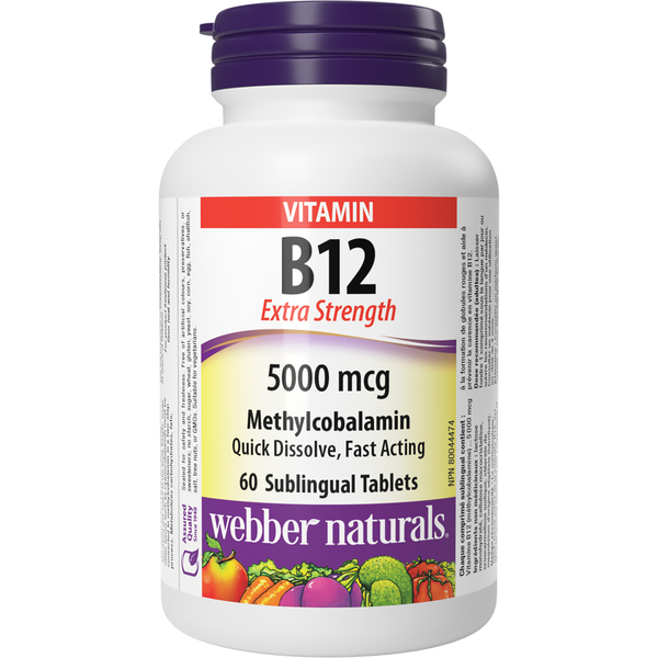 Webber Naturals - Vitamin B12 Extra Strength Methylcobalamin 5000 mcg - 60 Sublingual Tablets