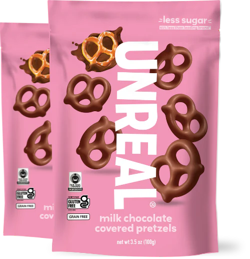 Unreal Snacks    Unreal Multi-Serve Bags (Bilingual)    Flavour: Milk Chocolate Covered Pretzels 
Container Size: 100 g    Case of 6