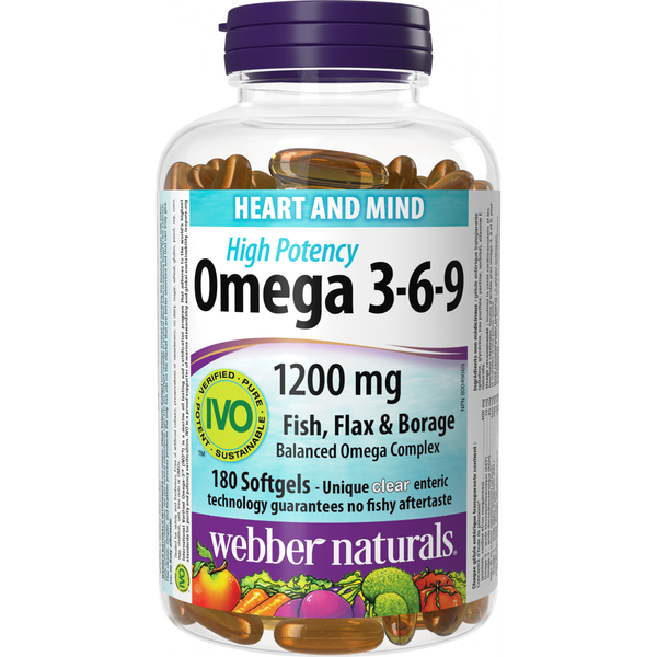 Webber Naturals - Omega 3-6-9 High Potency Fish, Flax & Borage 1200 mg - 180 Clear Enteric
Softgels