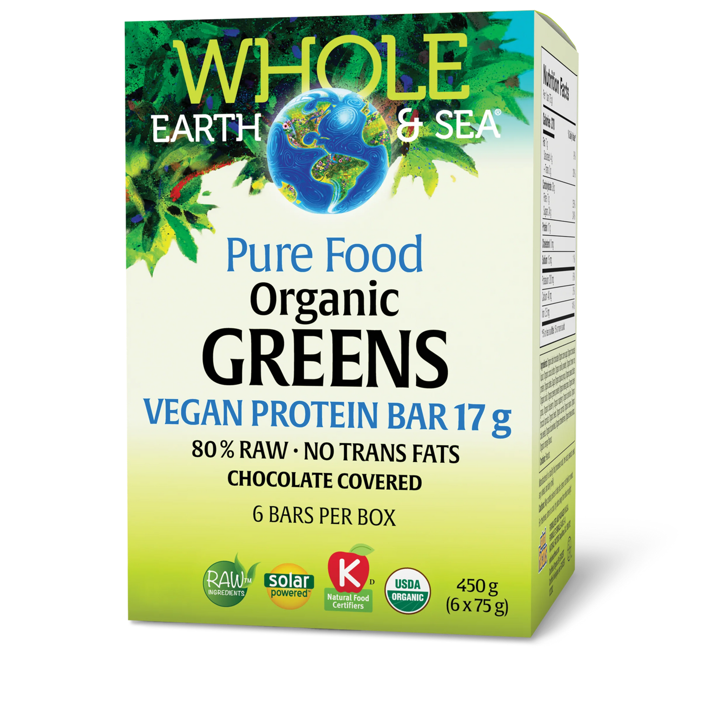 Natural Factors Whole Earth & Sea Organic Greens Vegan Protein Bar 17 g (6 bars/box)