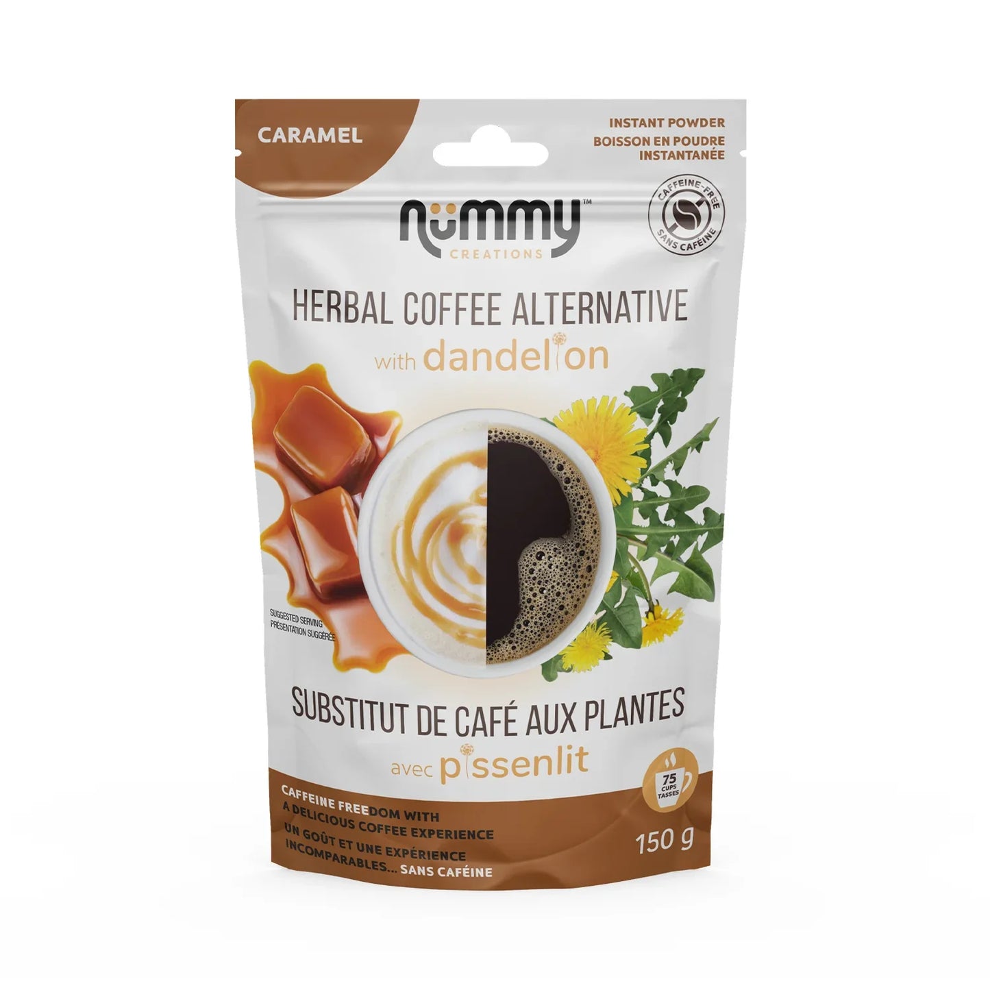Nummy    Nummy Creations Herbal Coffee Alternative    Flavour: Caramel 
Container Size: 150 g    Case of 10