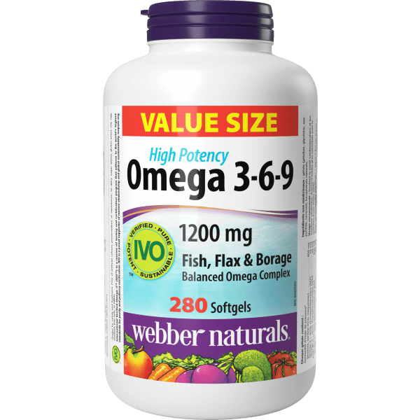 Webber Naturals - Omega 3-6-9 High Potency Fish, Flax & Borage 1200 mg
Value Size - 280 Softgels