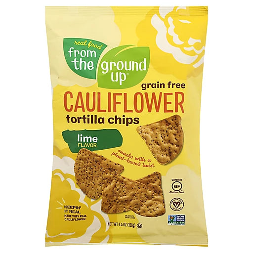 Real Food From The Ground Up    FTGU Tortilla Chips    Flavour: Cauliflower Lime 
Container Size: 4.5 oz    Pack of 12