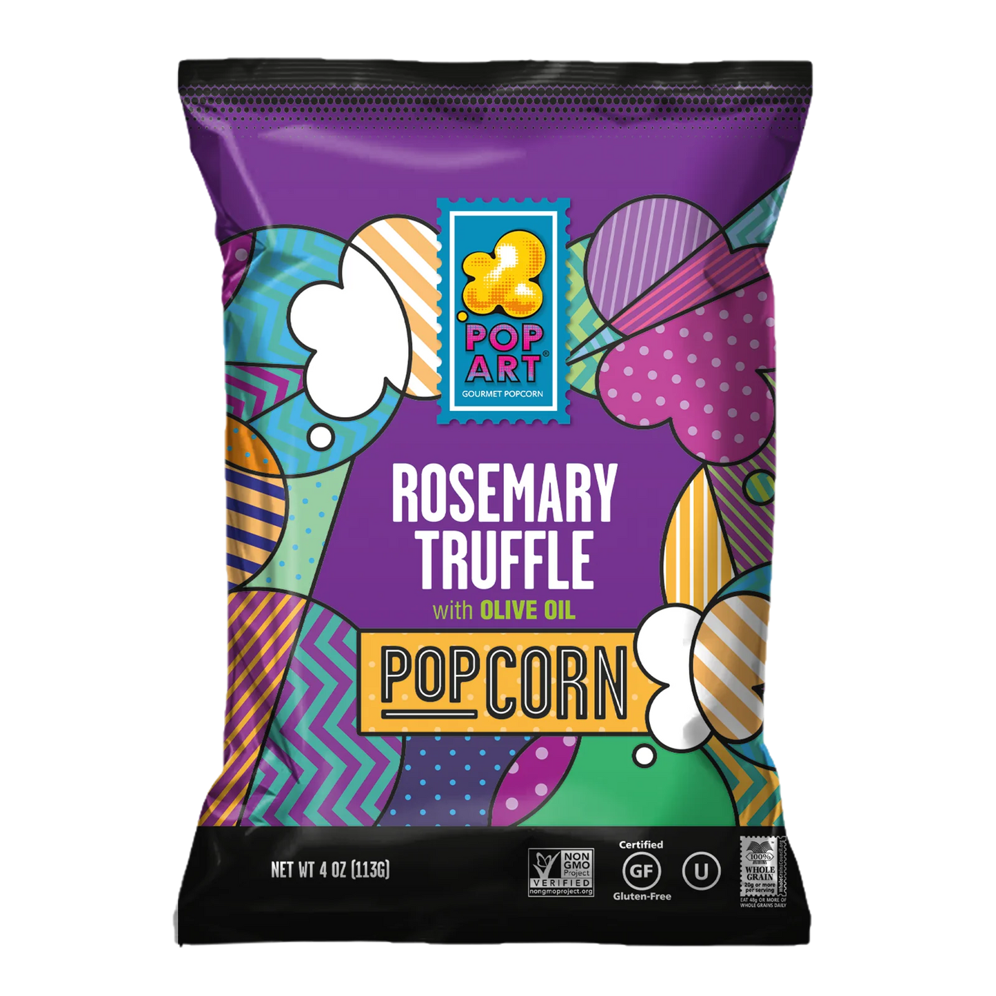 Pop Art Snacks    Pop Art Popcorn (Bilingual)    Flavour: Rosemary Truffle with Olive Oil 
Container Size: 142 g    Case of 9