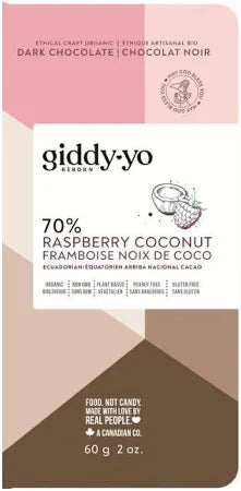 GIDDY-YO   Dark Chocolate Bars - Raspberry Coconut 70%   60 g