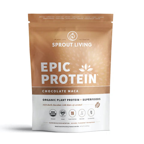 "Sprout Living    Sprout Living Epic Protein Display Tray 16x38g    Flavour: Chocolate Maca  Container Size: 38 g    Pack of 16"