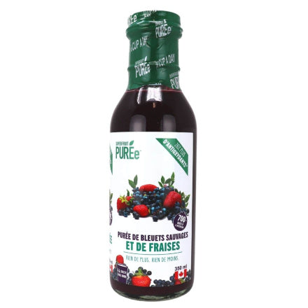 SUPERFRUIT PUREe   STRAWBERRY & Wild Blueberry Purée   350 ml Glass bottle
