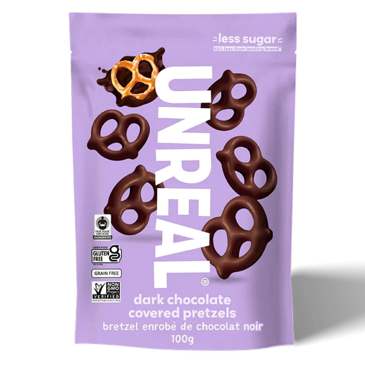 Unreal Snacks    Unreal Multi-Serve Bags (Bilingual)    Flavour: Dark Chocolate Covered Pretzels 
Container Size: 100 g    Case of 6