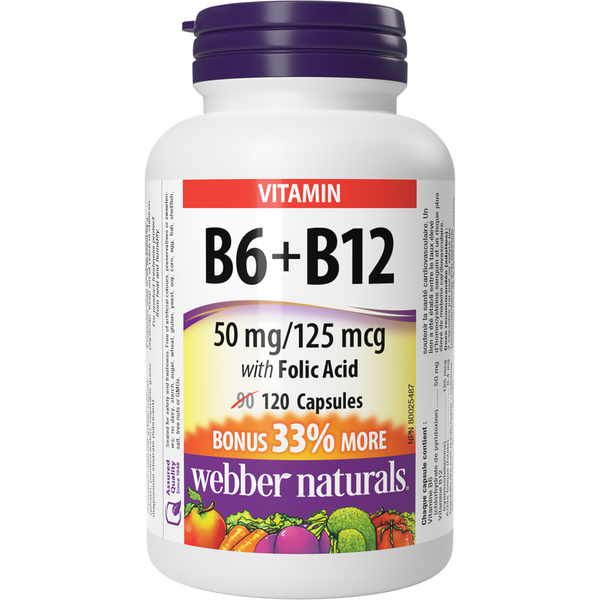 Webber Naturals - Vitamin B6+B12 with Folic Acid 50 mg / 125 mcg - 90+30 Capsules