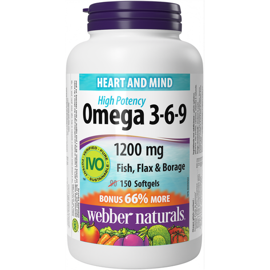 Webber Naturals - Omega 3-6-9 High Potency Fish, Flax & Borage 1200 mg - 90+60 Softgels