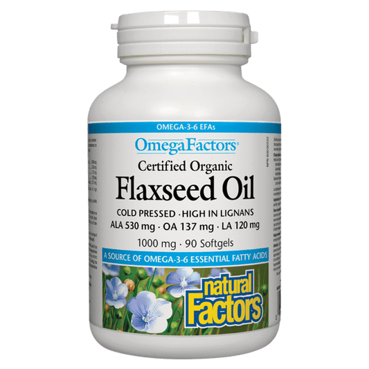 Natural Factors   Certified Organic Flaxseed Oil 1000 mg, OmegaFactors®   90 sglssgls