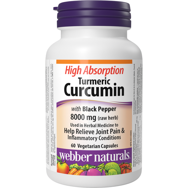 Webber Naturals - Turmeric Curcumin High Absorption with Black Pepper
8000 mg (raw herb) - 60 Vegetarian Capsules